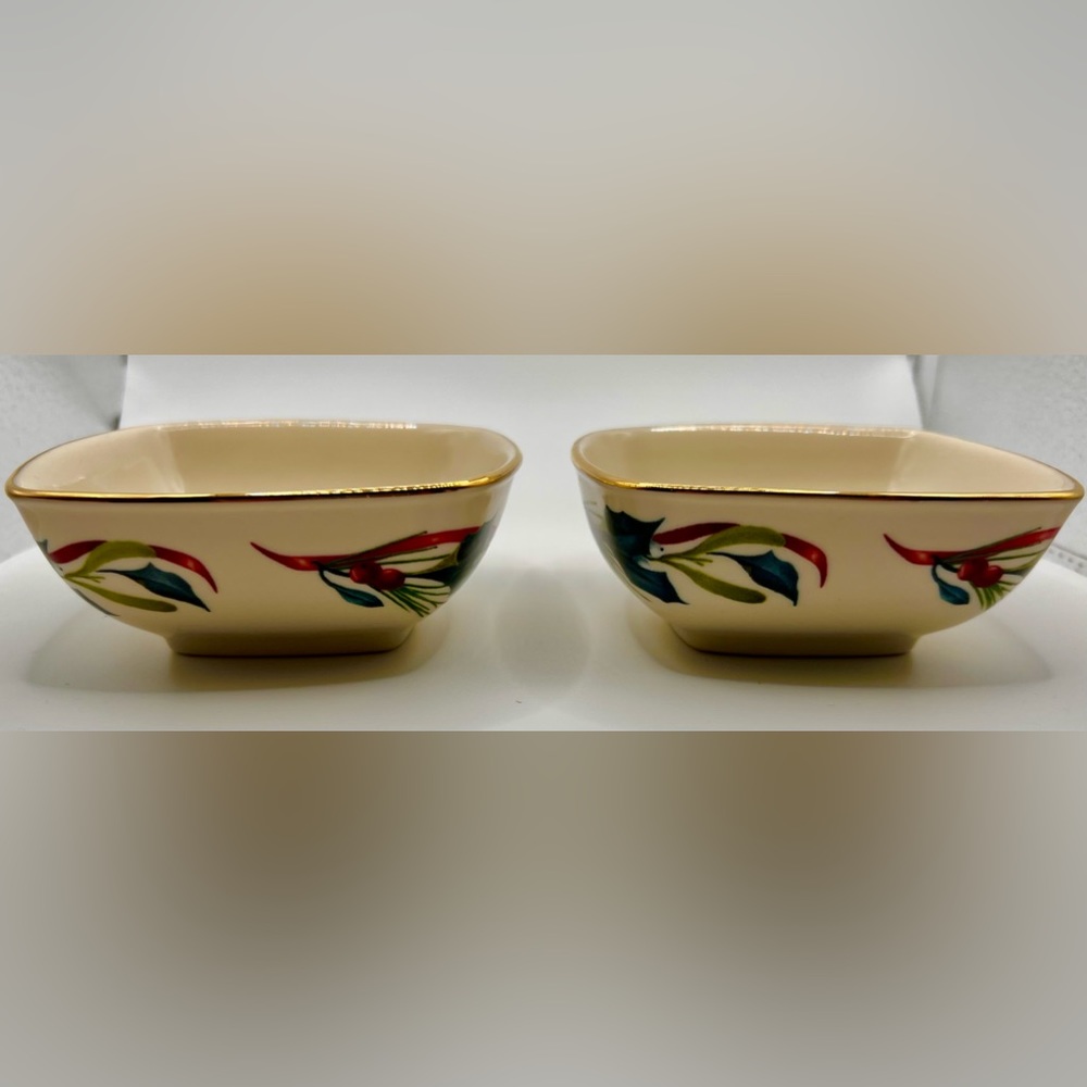 Beautiful Small Lenox Bowls Designed w/Birds & Winter Leaves, red & green.